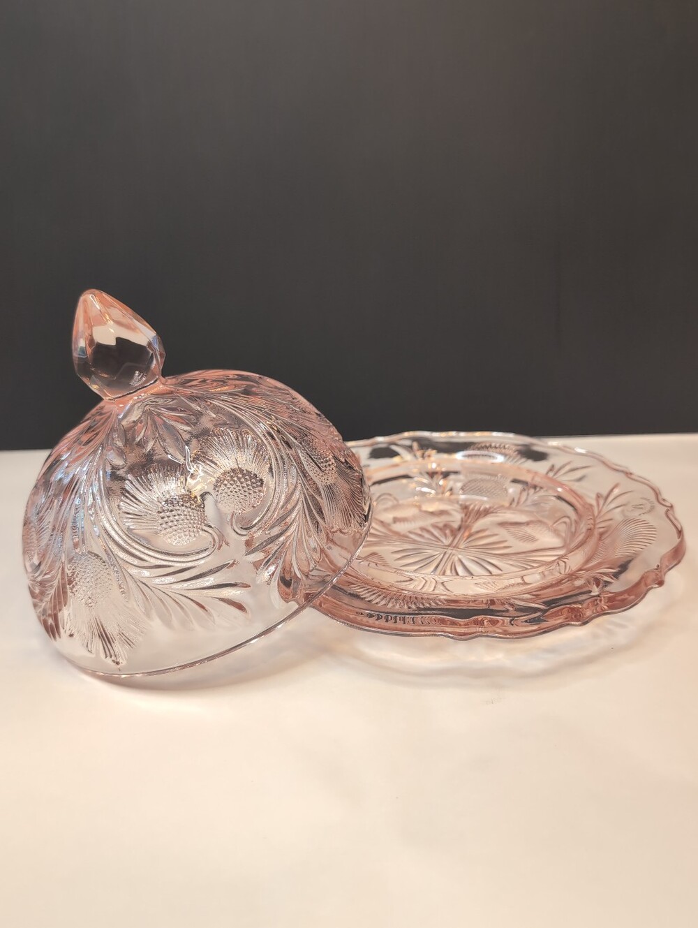 Vintage Light Pink Mosser Glass Covered Butter Dish W/ Inverted Thistle Pattern